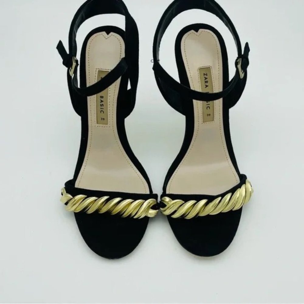 SOLD Zara Black Gold New High Heeled with Chain Sandals, Sz 8/39 - Picture 2 of 11